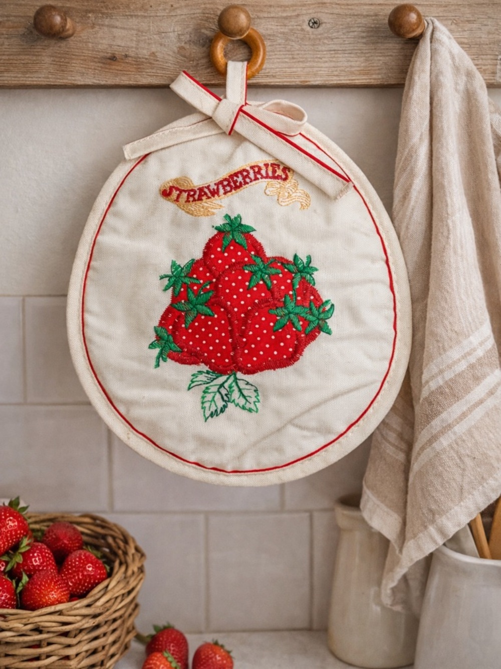Vintage Strawberry Embroidered Pot Holder Cottagecore Kitchen Decor